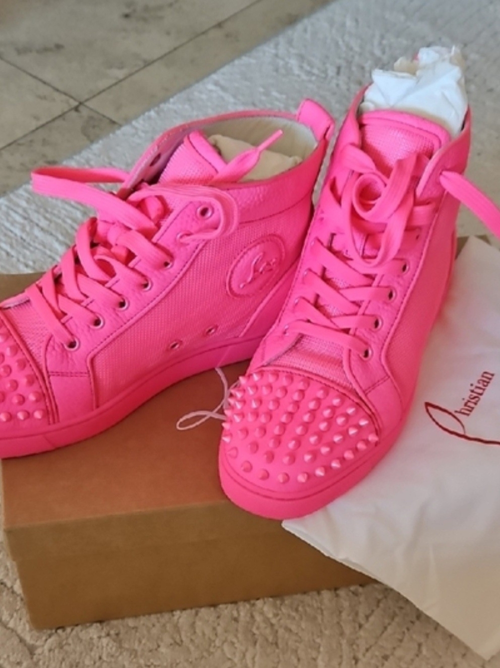 Christian Louboutin Women's Pink Spiked High-Top Sneakers - Picture 2 of 7
